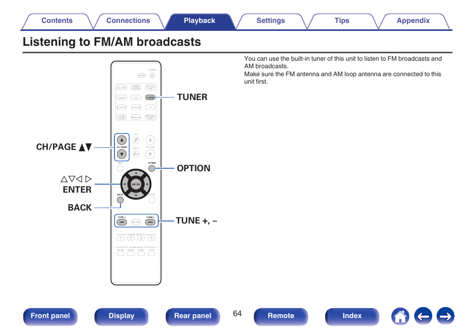 Listening to fm/am broadcasts, Listening to fm/am broadcasts” (v p. 64)) | Marantz NR1506 User Manual | Page 64 / 249