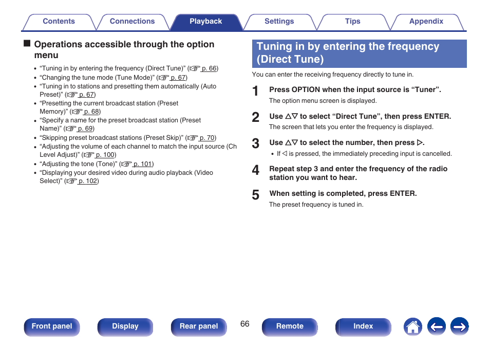 Tuning in by entering the frequency (direct tune) | Marantz NR1506 User Manual | Page 66 / 249