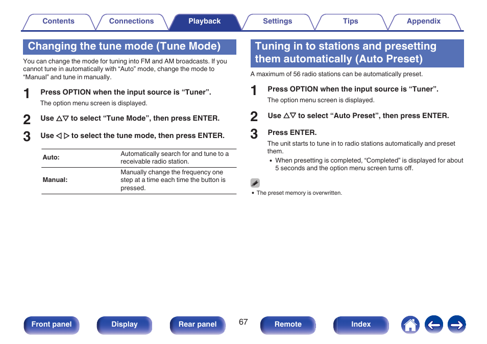 Changing the tune mode (tune mode), Preset), Changing the tune mode (tune mode)” (v p. 67) | Preset)” (v p. 67) | Marantz NR1506 User Manual | Page 67 / 249