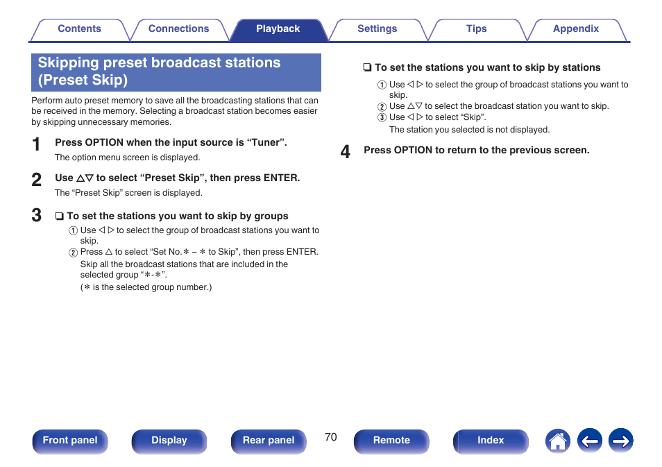 Skipping preset broadcast stations (preset skip) | Marantz NR1506 User Manual | Page 70 / 249