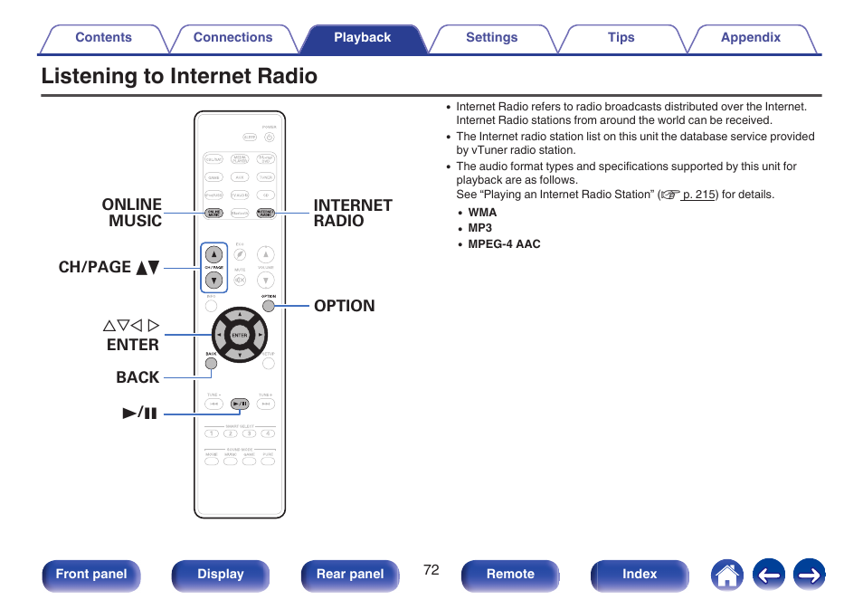 Listening to internet radio, V p. 72) | Marantz NR1506 User Manual | Page 72 / 249