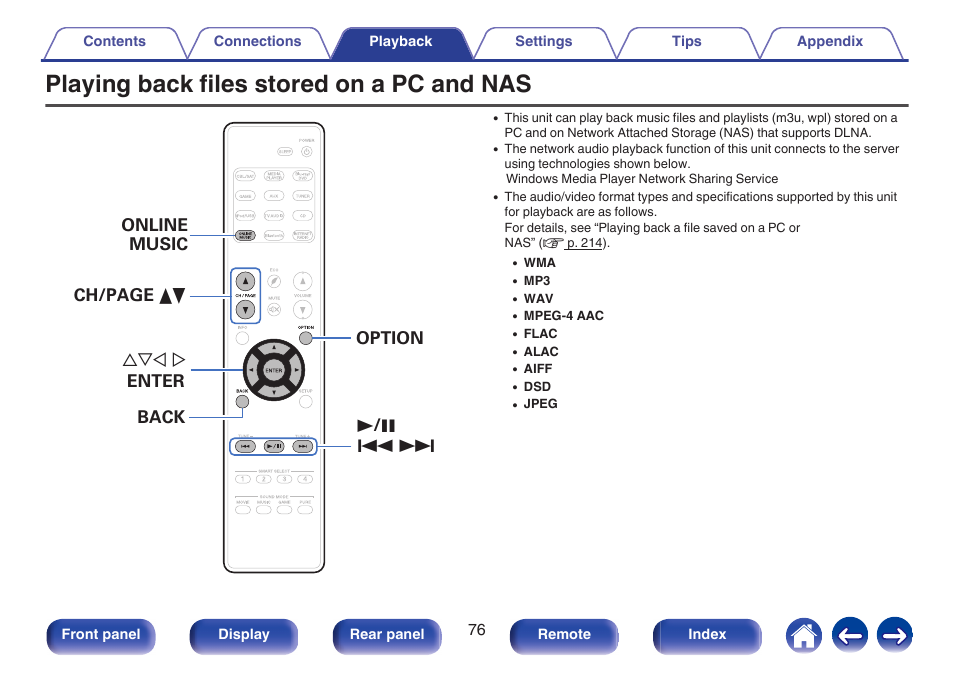 Playing back files stored on a pc and nas | Marantz NR1506 User Manual | Page 76 / 249