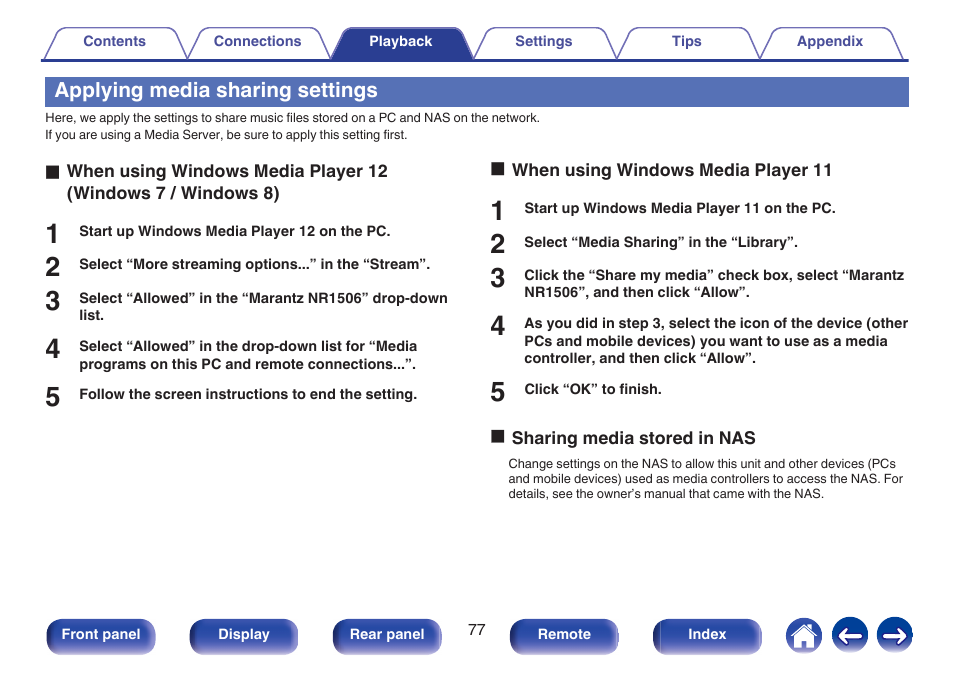 Applying media sharing settings | Marantz NR1506 User Manual | Page 77 / 249