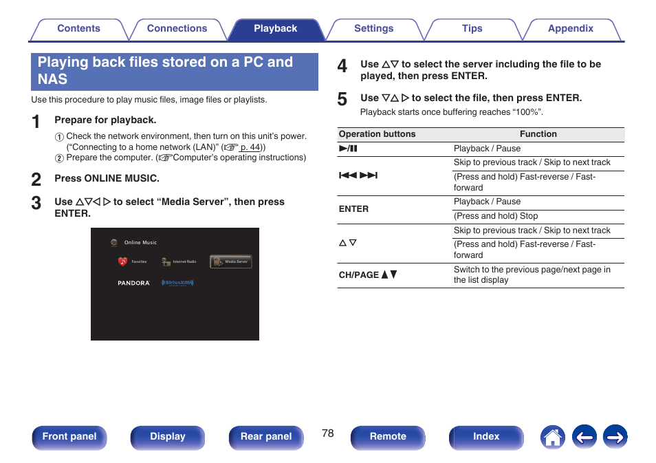 Playing back files stored on a pc and nas | Marantz NR1506 User Manual | Page 78 / 249