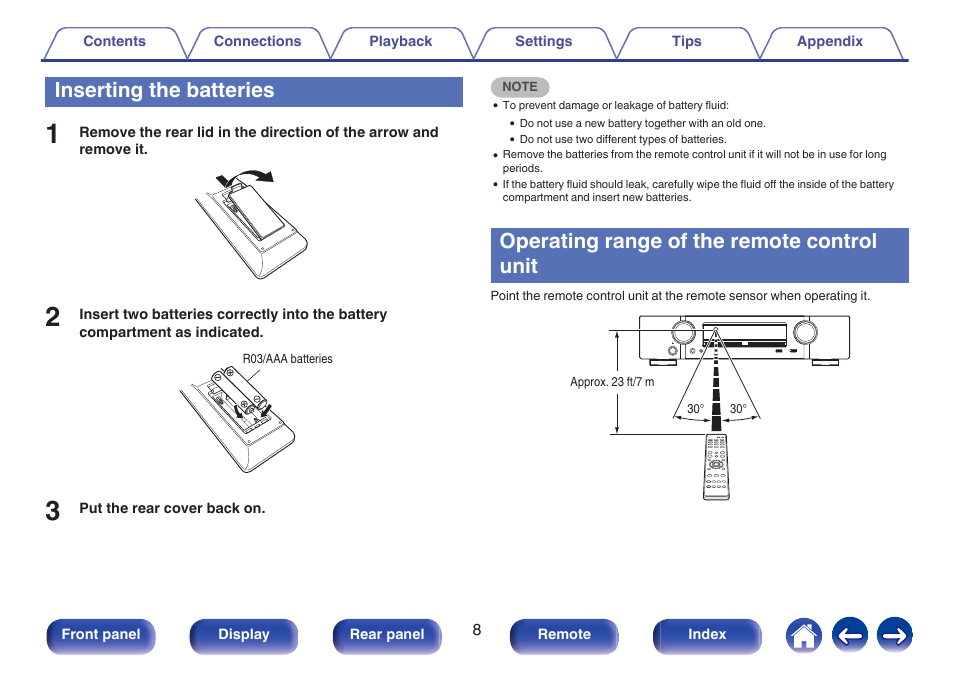 Inserting the batteries, Operating range of the remote control unit | Marantz NR1506 User Manual | Page 8 / 249