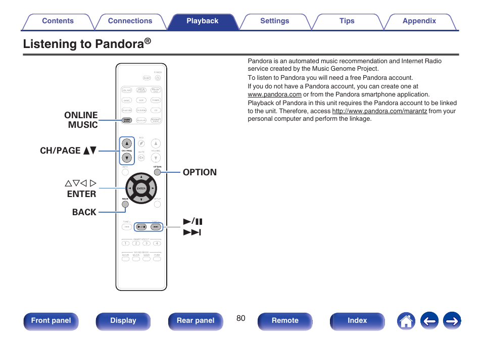 Listening to pandora | Marantz NR1506 User Manual | Page 80 / 249