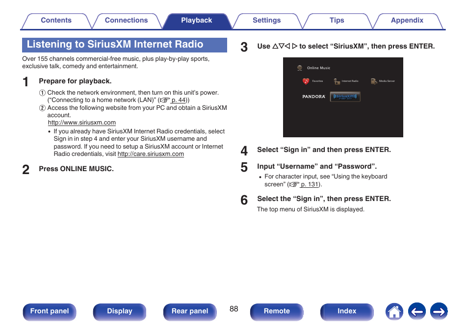 Listening to siriusxm internet radio | Marantz NR1506 User Manual | Page 88 / 249