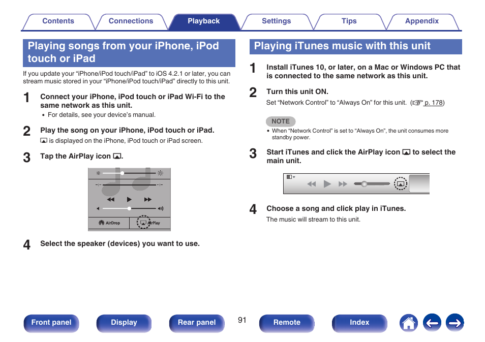 Playing songs from your iphone, ipod touch or ipad, Playing itunes music with this unit | Marantz NR1506 User Manual | Page 91 / 249