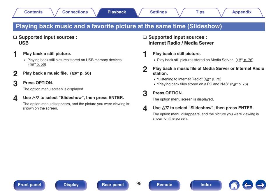 Slideshow), Slideshow)” (v p. 98) | Marantz NR1506 User Manual | Page 98 / 249