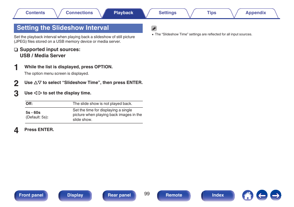 Setting the slideshow interval, Setting the slideshow interval” (v p. 99) | Marantz NR1506 User Manual | Page 99 / 249