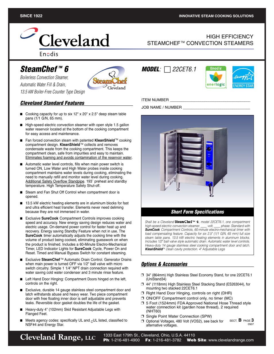 Cleveland Range 22CET6.1 User Manual | 2 pages