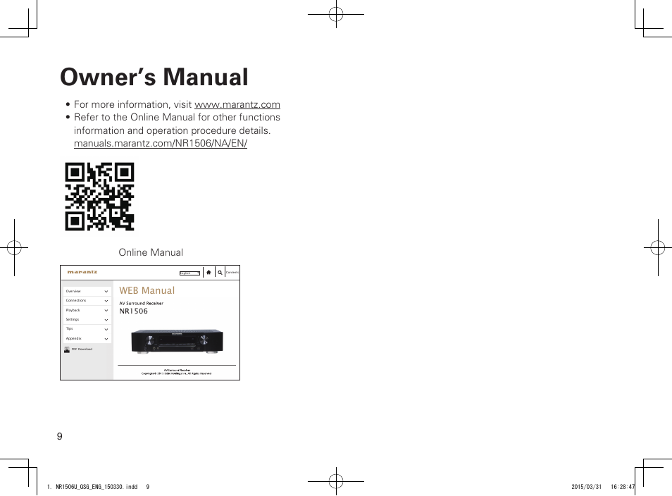 Owner’s manual, Web manual | Marantz NR1506 Quick Start User Manual | Page 10 / 12