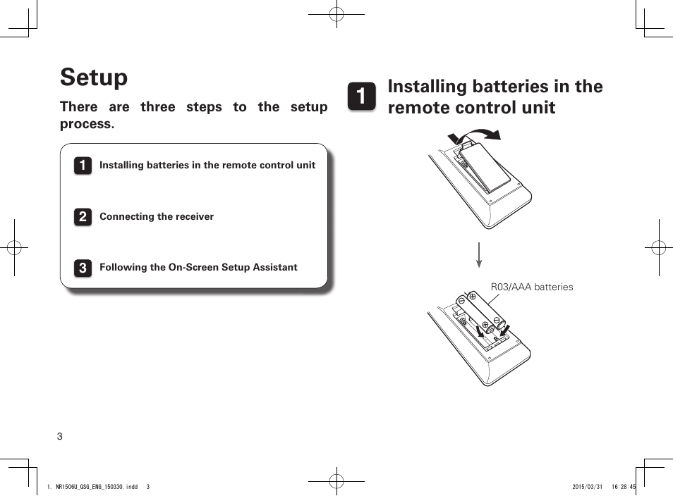 Setup, Installing batteries in the remote control unit | Marantz NR1506 Quick Start User Manual | Page 4 / 12