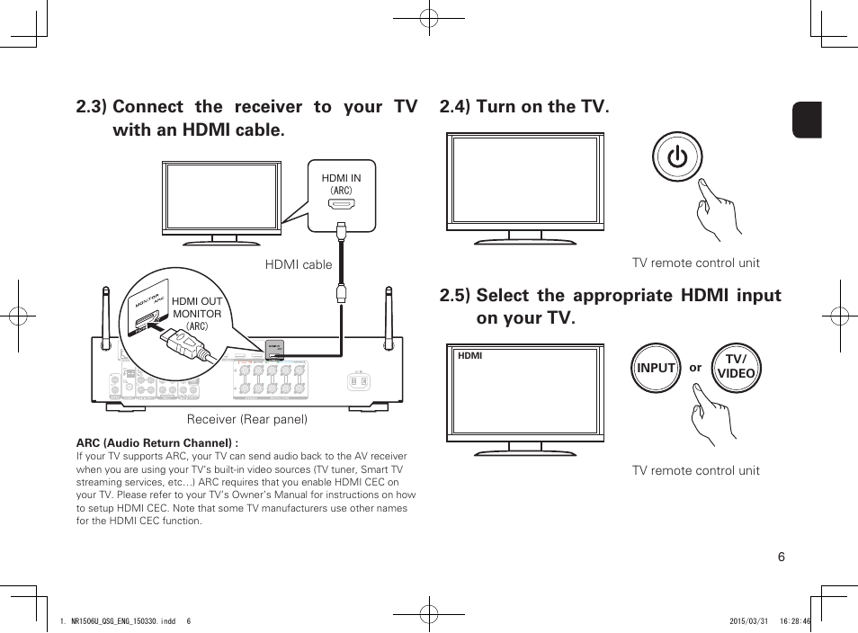 4) turn on the tv, 5) select the appropriate hdmi input on your tv | Marantz NR1506 Quick Start User Manual | Page 7 / 12