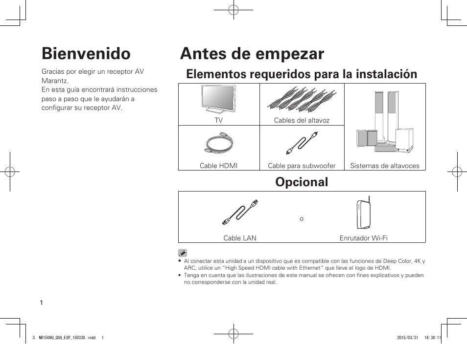 Bienvenido antes de empezar, Elementos requeridos para la instalación, Opcional | Marantz NR1506 Quick Start User Manual | Page 2 / 12