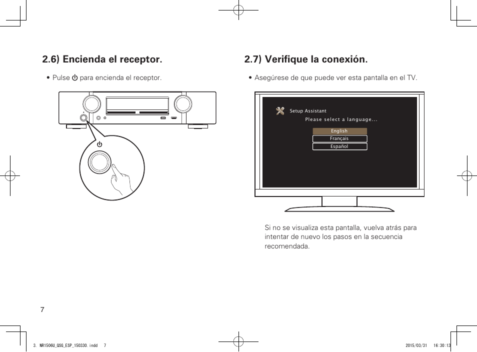 6) encienda el receptor, 7) verifique la conexión | Marantz NR1506 Quick Start User Manual | Page 8 / 12