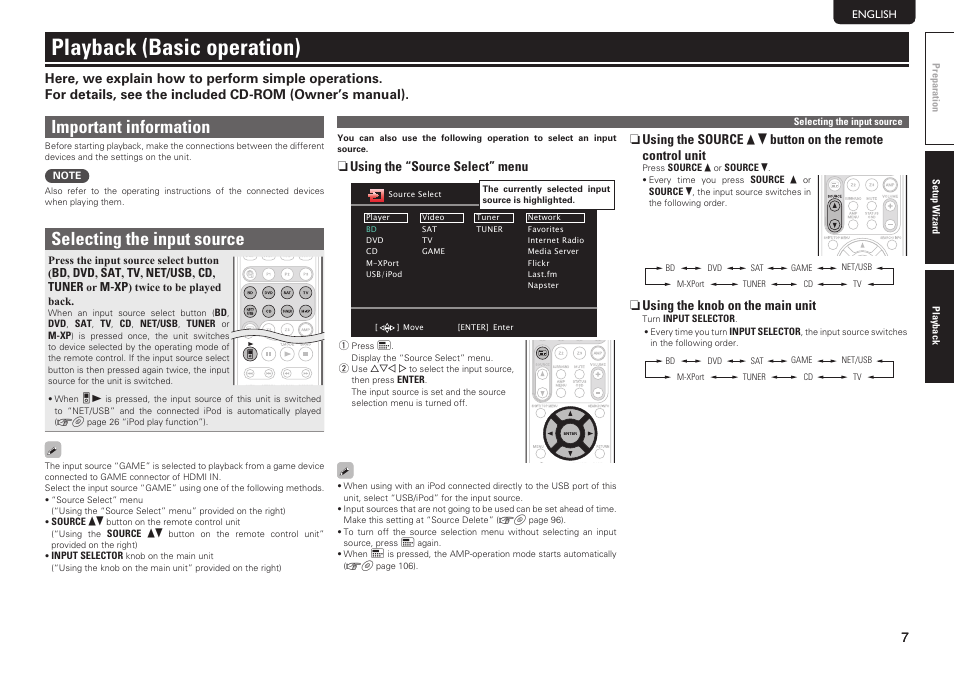 Playback (basic operation), Important information, Selecting the input source | Marantz NR1602 Getting Started User Manual | Page 13 / 18