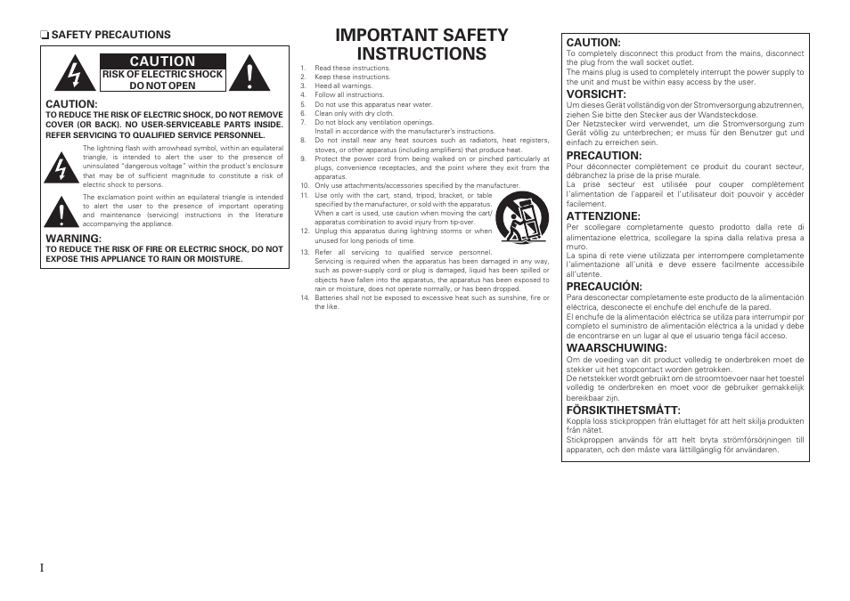 Important safety instructions, Caution | Marantz NR1602 Getting Started User Manual | Page 2 / 18