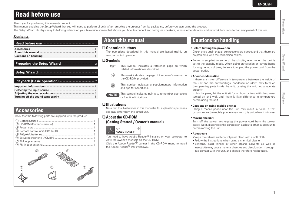 Read before use, About this manual, Cautions on handling | Accessories | Marantz NR1602 Getting Started User Manual | Page 7 / 18