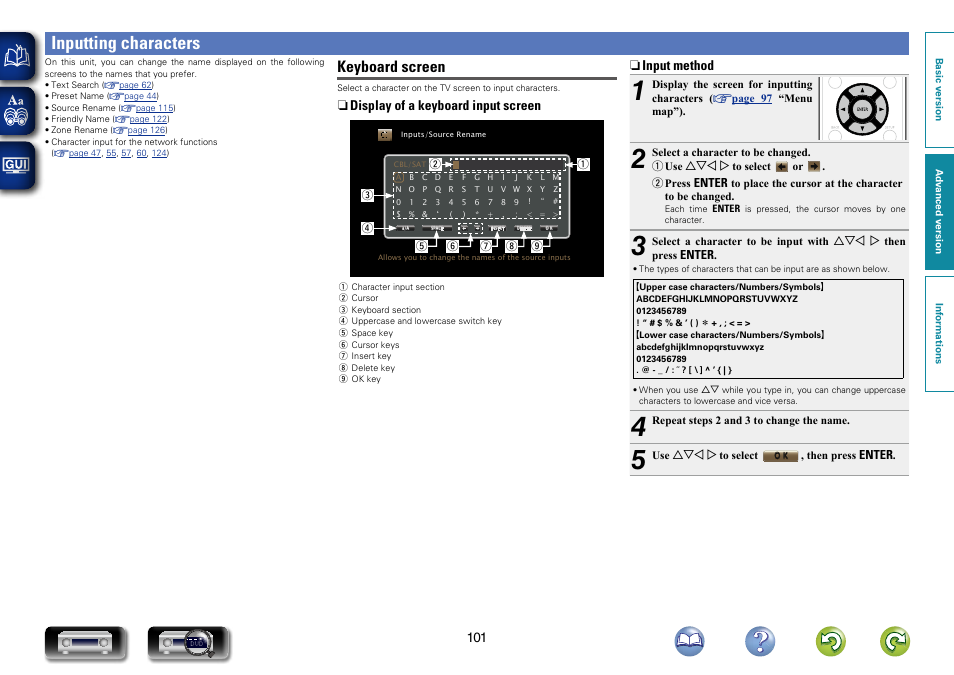 Inputting characters, For character input, see, Keyboard screen | Marantz NR1603 User Manual | Page 104 / 159