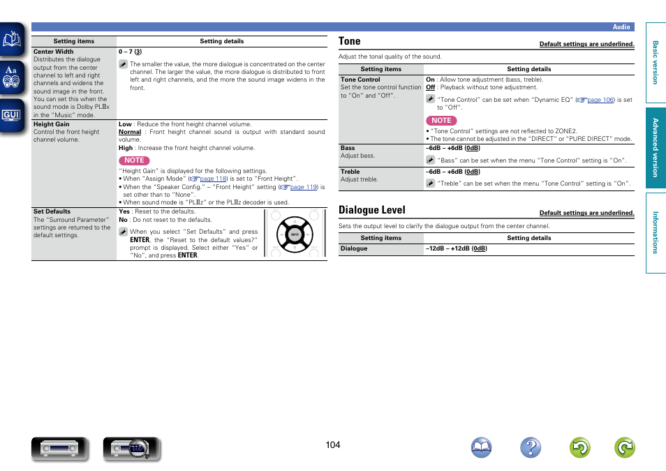 Tone, Dialogue level | Marantz NR1603 User Manual | Page 107 / 159