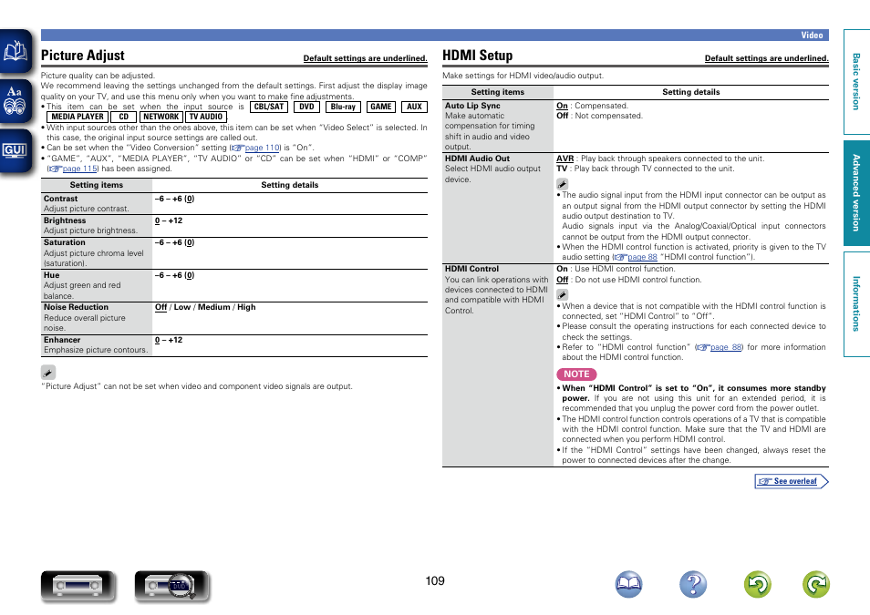 Auto lip sync, Hdmi setup, When “hdmi control | Is set to “on” : orange, Set “hdmi control, Is “hdmi control, Set to “on, Is set to, Picture adjust | Marantz NR1603 User Manual | Page 112 / 159