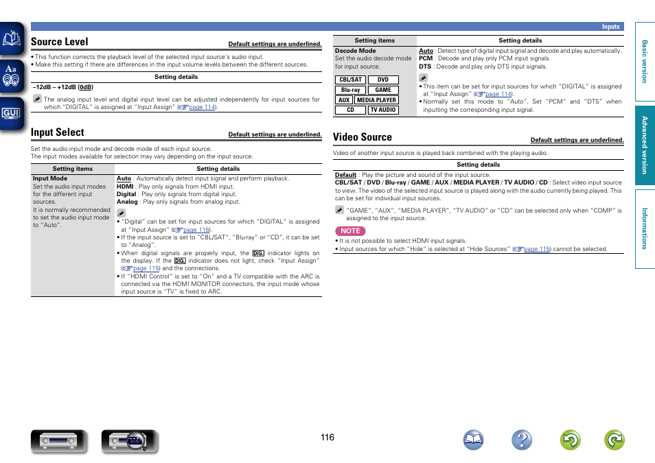 Source level, Input select, Video source | Mode | Marantz NR1603 User Manual | Page 119 / 159