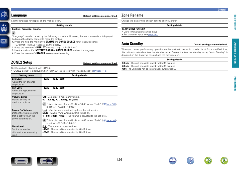 Language, Zone2 setup, Zone rename | Auto standby | Marantz NR1603 User Manual | Page 129 / 159