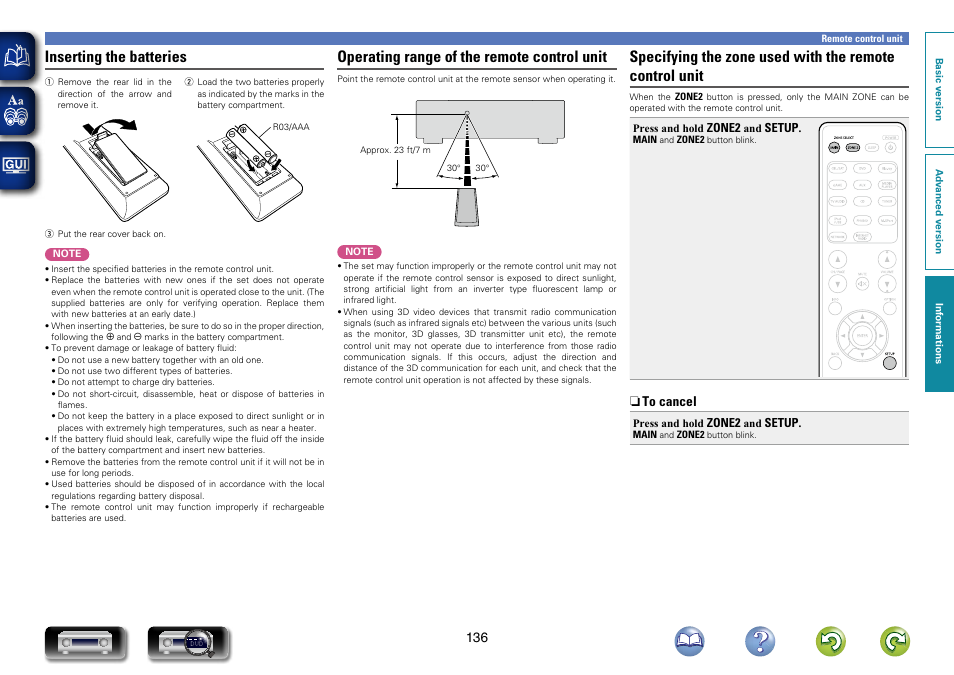 Inserting the batteries, Operating range of the remote control unit | Marantz NR1603 User Manual | Page 139 / 159