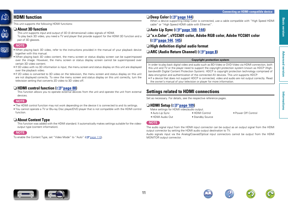 Hdmi function, Settings related to hdmi connections | Marantz NR1603 User Manual | Page 14 / 159