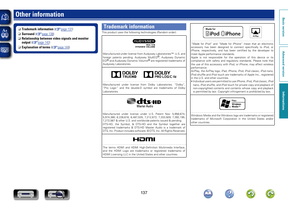 Other information, Trademark information | Marantz NR1603 User Manual | Page 140 / 159