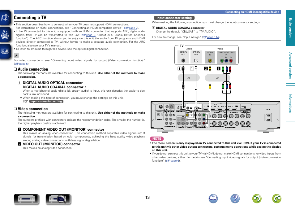 Connecting a tv, Connecting a tv”), Connections as described in “connecting a tv | N audio connection, N video connection | Marantz NR1603 User Manual | Page 16 / 159