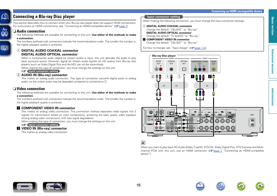 Connecting a blu-ray disc player, N audio connection, N video connection | Marantz NR1603 User Manual | Page 19 / 159