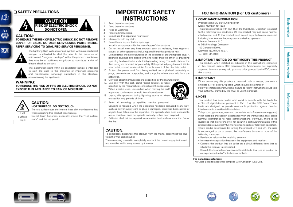 Important safety instructions, Caution | Marantz NR1603 User Manual | Page 2 / 159