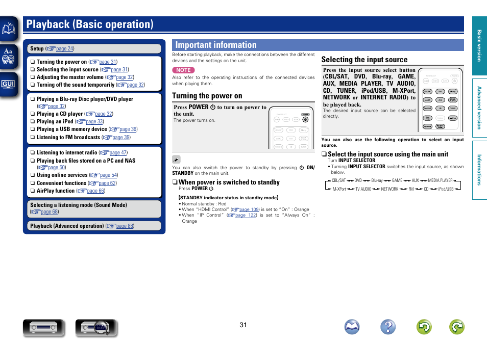Playback (basic operation), Important information, To do this, switch the input source to “m-xport | Selecting the input source”), Turning the power on, Selecting the input source | Marantz NR1603 User Manual | Page 34 / 159