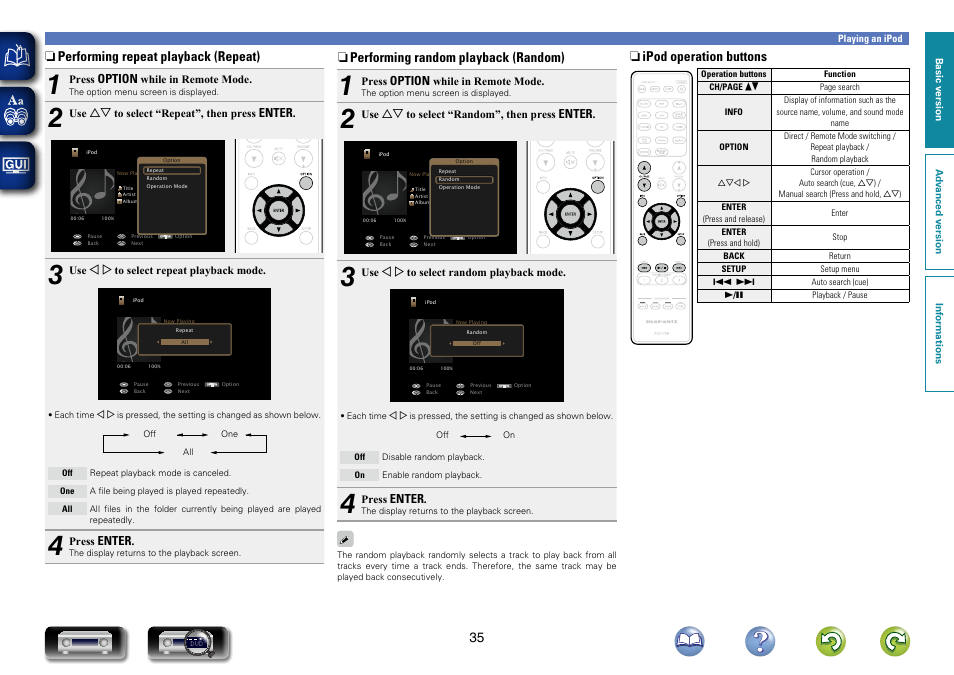 Performing repeat playback (repeat), Performing random playback (random), N performing repeat playback (repeat) | N performing random playback (random), N ipod operation buttons | Marantz NR1603 User Manual | Page 38 / 159