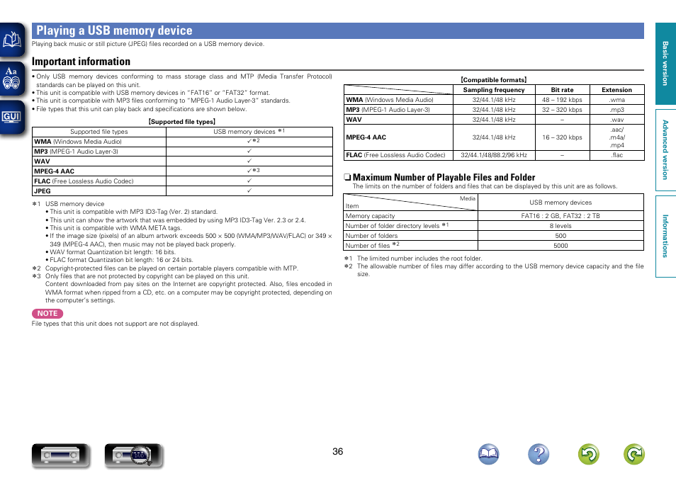 Playing a usb memory device, Important information, N maximum number of playable files and folder | Marantz NR1603 User Manual | Page 39 / 159