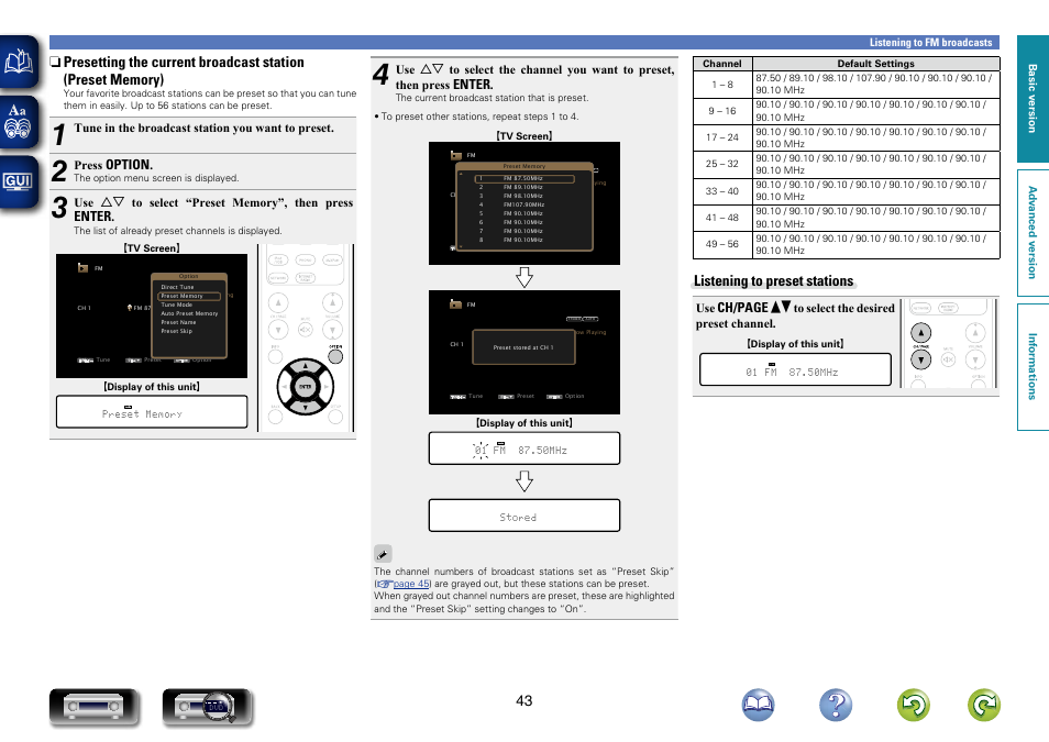 Presetting the current broadcast station, Preset memory), Listening to preset stations | Option, Enter, Ch/page df | Marantz NR1603 User Manual | Page 46 / 159