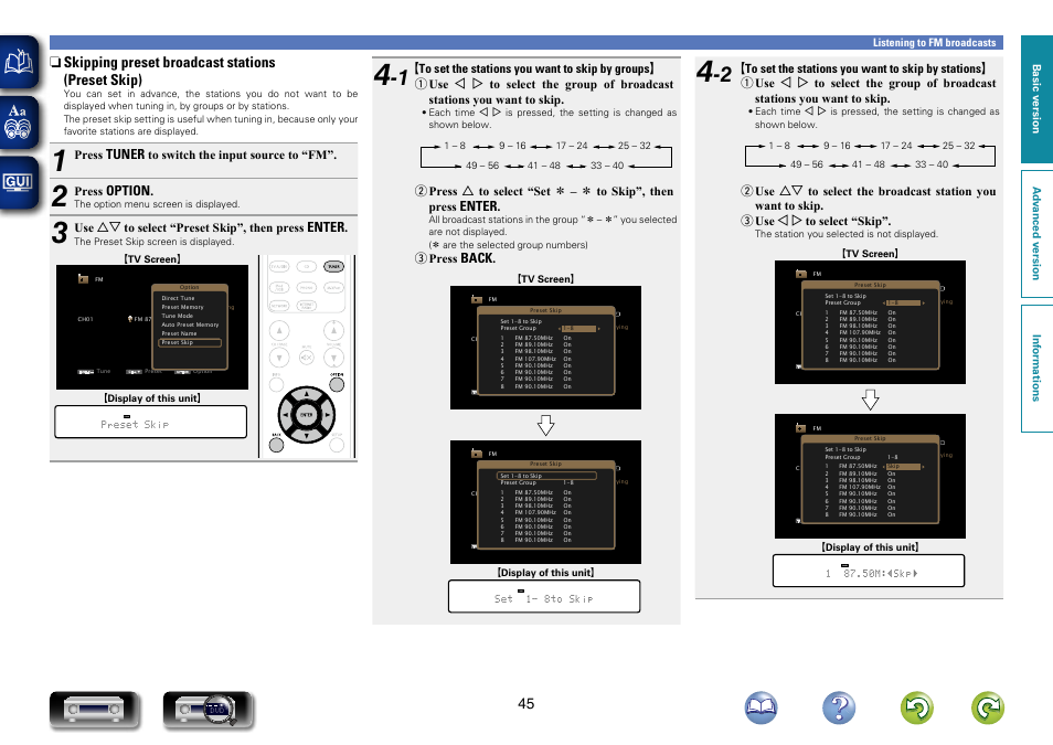 Skipping preset broadcast stations, Preset skip), Tuner | Option, Enter, Back | Marantz NR1603 User Manual | Page 48 / 159