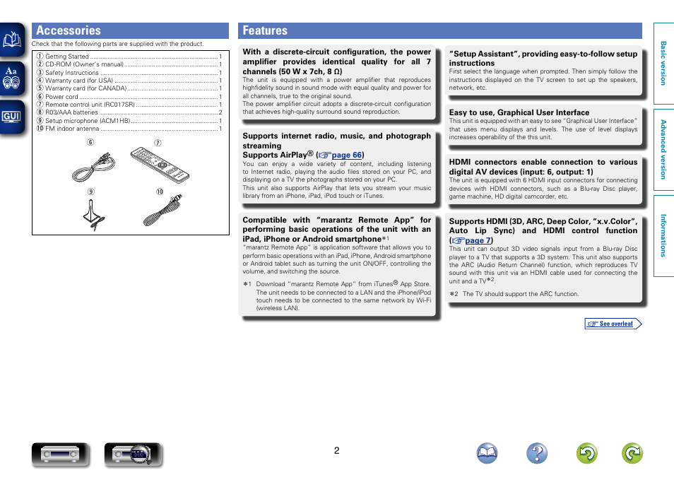 Accessories, Features | Marantz NR1603 User Manual | Page 5 / 159