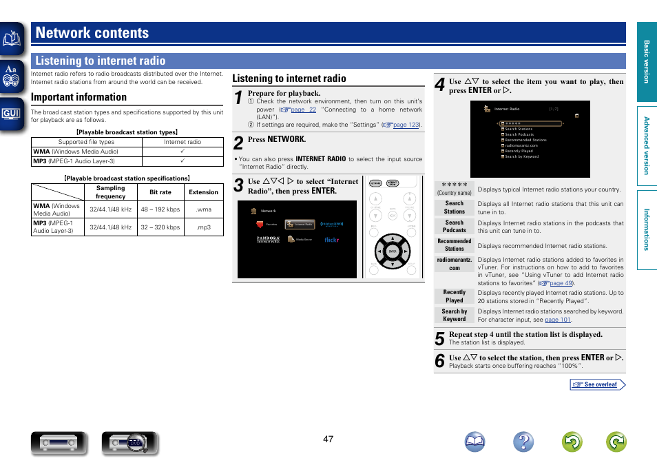 Network contents, Listening to internet radio, Important information | Marantz NR1603 User Manual | Page 50 / 159