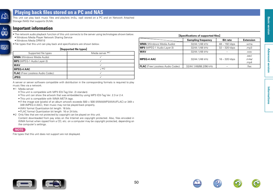 Playing back files stored on a pc and nas, Important information | Marantz NR1603 User Manual | Page 53 / 159