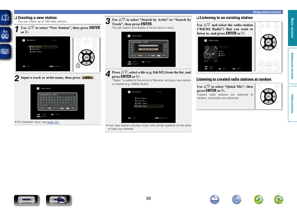 N creating a new station, N listening to an existing station, Listening to created radio stations at random | Enter, Input a track or artist name, then press, Press, Select a file (e.g. d&m2) from the list, and press | Marantz NR1603 User Manual | Page 61 / 159