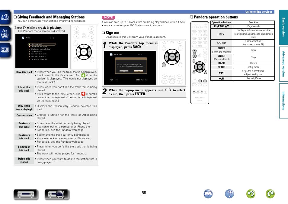 N giving feedback and managing stations, N sign out, N pandora operation buttons | Marantz NR1603 User Manual | Page 62 / 159