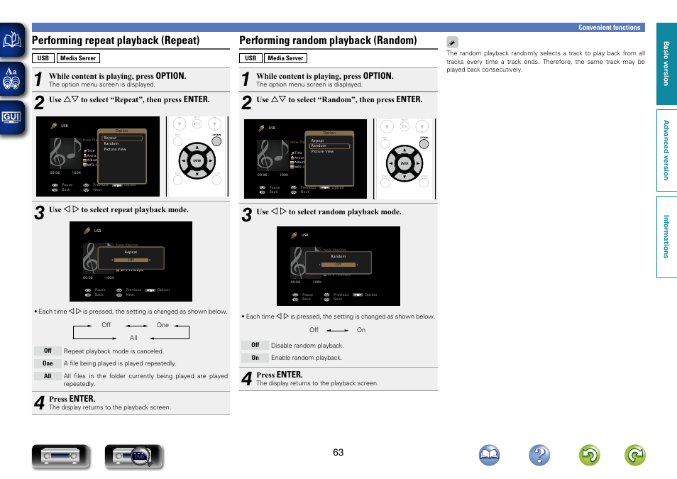 Performing repeat playback (repeat), Performing random playback (random) | Marantz NR1603 User Manual | Page 66 / 159