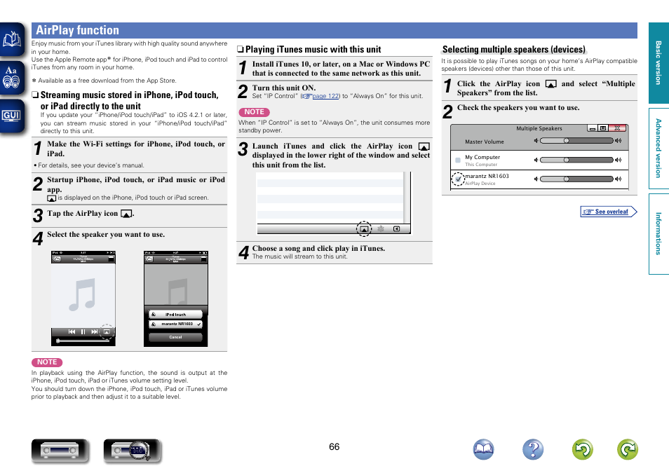 Airplay function, Streaming music stored in iphone, ipod touch, Or ipad directly to the unit | Playing itunes music with this unit | Marantz NR1603 User Manual | Page 69 / 159
