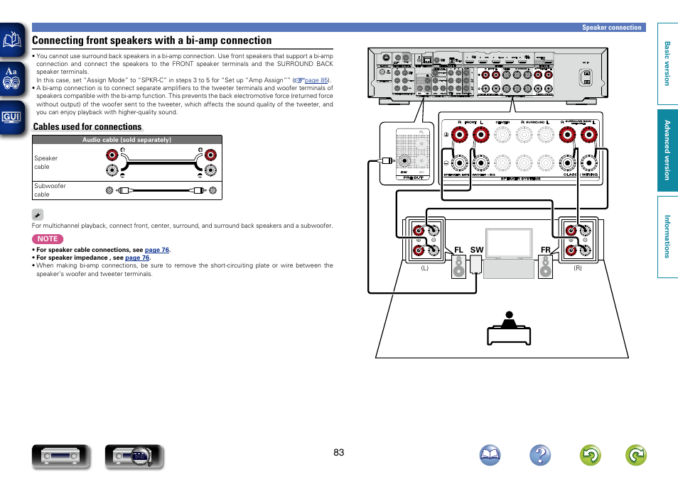 Connecting front speakers with a bi-amp connection, Cables used for connections | Marantz NR1603 User Manual | Page 86 / 159