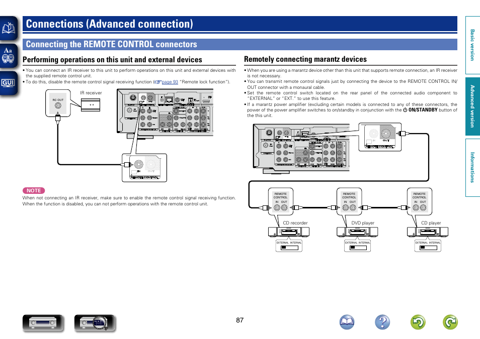 Connections (advanced connection), Connecting the remote control connectors, Remotely connecting marantz devices | Marantz NR1603 User Manual | Page 90 / 159