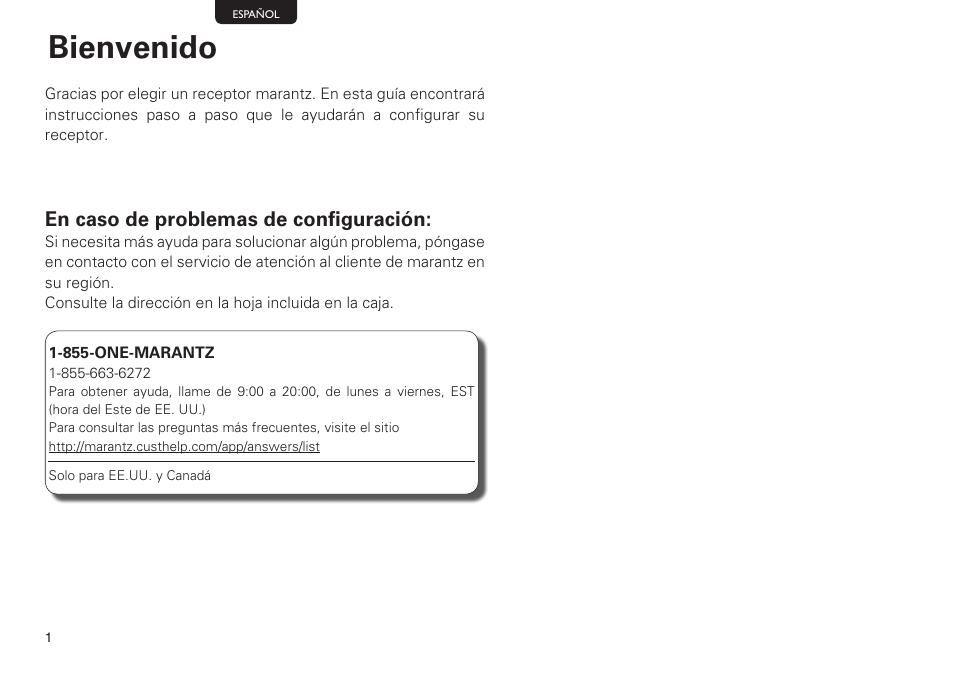 Bienvenido, En caso de problemas de configuración | Marantz NR1603 Getting Started User Manual | Page 2 / 10