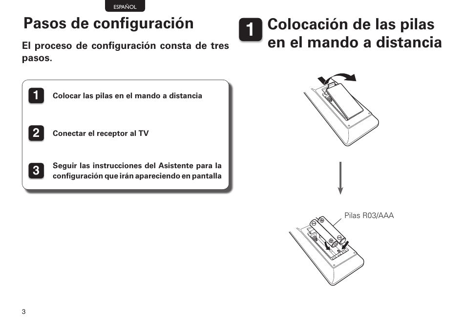 Pasos de configuración, Colocación de las pilas en el mando a distancia | Marantz NR1603 Getting Started User Manual | Page 4 / 10